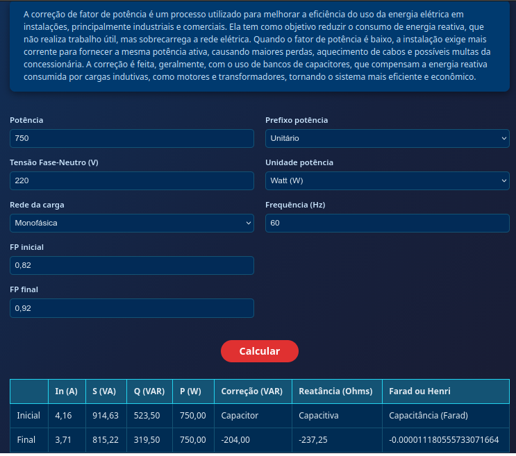 Página de cálculo de correção de fator de potência