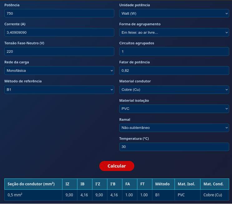 Página para dimensionar cbaos elétricos