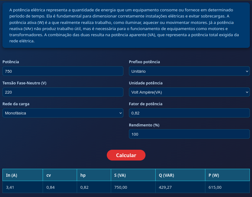 Página de cálculo de trasnformar potências elétricas